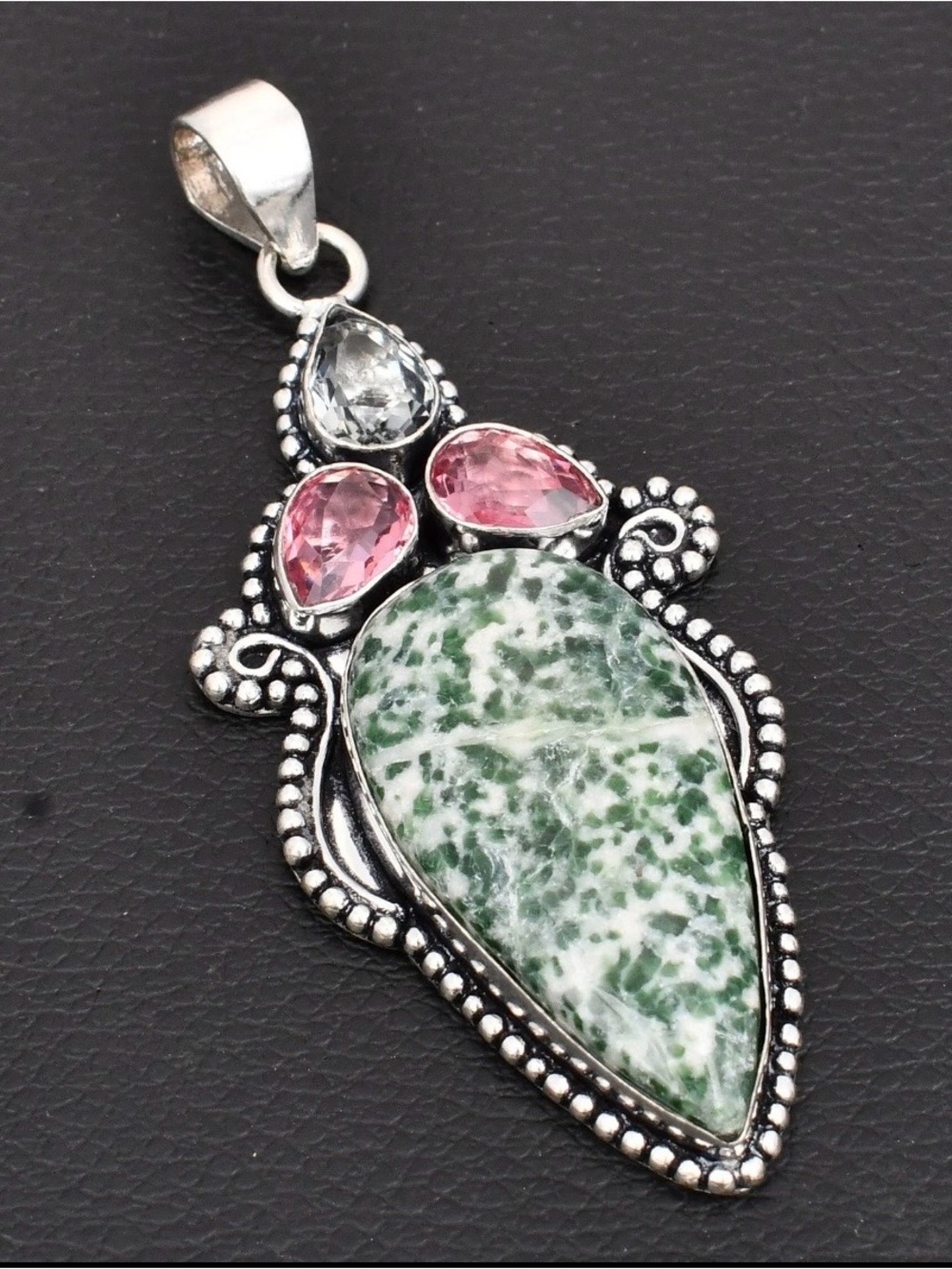 Green Moss Agate & Pink, White Topaz Artisan Handmade Gemstone Pendant Necklace